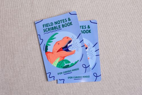 A note book that reads 'field notes and scribble book. The note book is blue and covered in squiggles and an illustration of a dinosaur. At the bottom it reads '(for curious minds)'