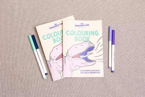 The ferociously fun colouring book for intrepid explorers with wild imaginations is written on the front of a stan colouring book with an image of a dinosaur roaring on the front.