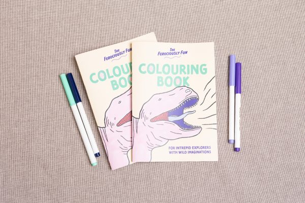 The ferociously fun colouring book for intrepid explorers with wild imaginations is written on the front of a stan colouring book with an image of a dinosaur roaring on the front.